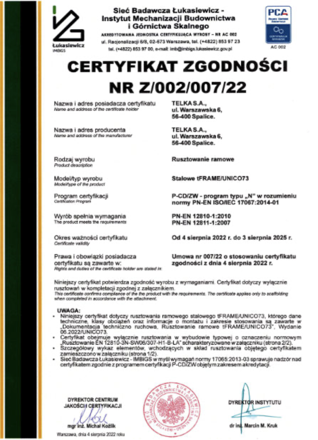 Certifikát kvality lešení Telka